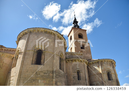 Medieval Church in limestone with arches, semicircular flares and Herrerian roof Medieval Church in limestone with arches, semicircular flares and Herrerian roof 126338459