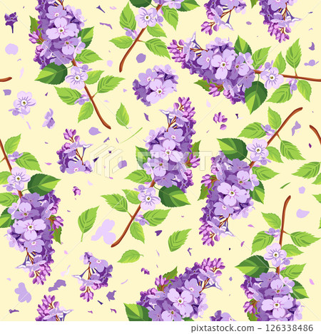 Vector seamless floral pattern with lilac on light yellow background Vector seamless floral pattern with lilac on light yellow background 126338486