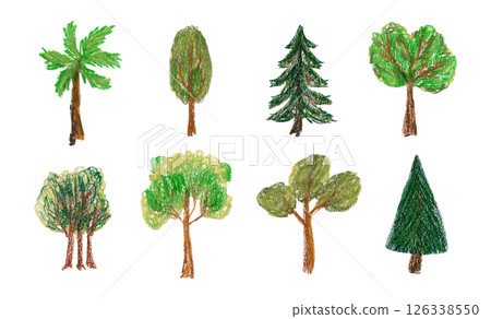 Cute botanical hand drawn oil pastel textured deciduous and coniferous trees set. Bright painted fir, oak, palm, maple, cedar, chestnut plants element for nature sticker, poster design, logo 126338550