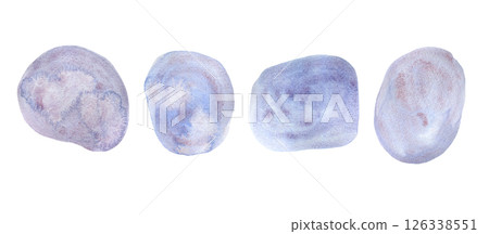 Set of artistic tender granulate textured light purple, blue and red watercolor round stone shapes. Hand painting abstract watercolour geometric stains for banner design, greeting cards 126338551