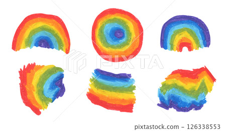 Set of abstract oil pastel drawing rainbow colors doodle shapes and lines compositions. Bright vibrant geometric clip-arts with bold crayon pastel strokes for pride month design, banners, posters 126338553