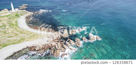 Aerial view of Shiriyazaki Lighthouse, the northernmost point of Honshu, Aomori Prefecture, Shimokita Peninsula Aerial view of Shiriyazaki Lighthouse, the northernmost point of Honshu, Aomori Prefecture, Shimokita Peninsula 126338671
