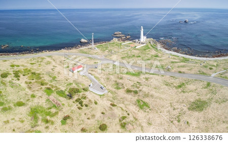 Aerial view of Shiriyazaki Lighthouse, the northernmost point of Honshu, Aomori Prefecture, Shimokita Peninsula 126338676