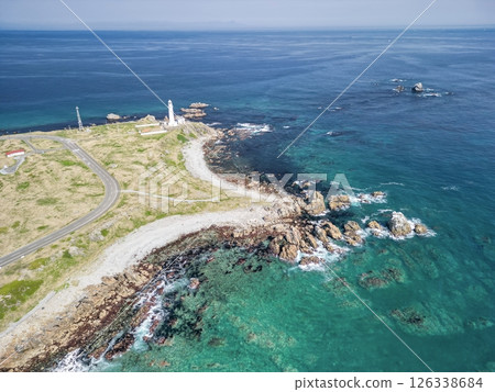Aerial view of Shiriyazaki Lighthouse, the northernmost point of Honshu, Aomori Prefecture, Shimokita Peninsula Aerial view of Shiriyazaki Lighthouse, the northernmost point of Honshu, Aomori Prefecture, Shimokita Peninsula 126338684