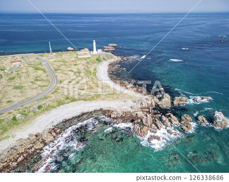 Aerial view of Shiriyazaki Lighthouse, the northernmost point of Honshu, Aomori Prefecture, Shimokita Peninsula Aerial view of Shiriyazaki Lighthouse, the northernmost point of Honshu, Aomori Prefecture, Shimokita Peninsula 126338686
