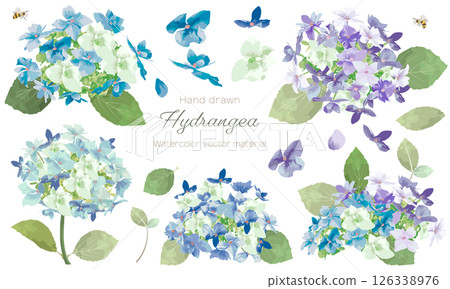 Illustration material set of hydrangea flowers painted in watercolor Illustration material set of hydrangea flowers painted in watercolor 126338976