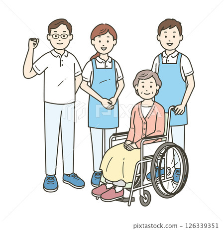 Illustration set of an elderly woman sitting in a wheelchair and a male and female caregiver assisting her Illustration set of an elderly woman sitting in a wheelchair and a male and female caregiver assisting her 126339351
