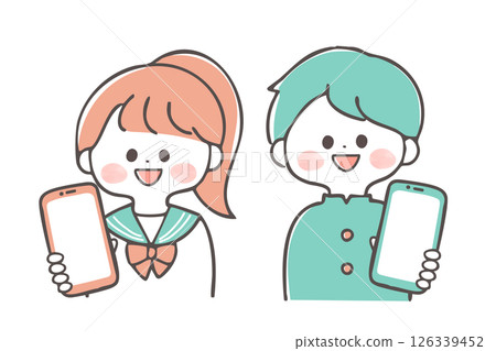 Junior high and high school students showing their smartphone screens Hand-drawn illustrations Two-tone color 126339452