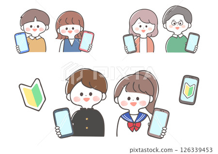 Illustration set of children, junior high school students, and elderly people showing smartphone screens Beginners Illustration set of children, junior high school students, and elderly people showing smartphone screens Beginners 126339453