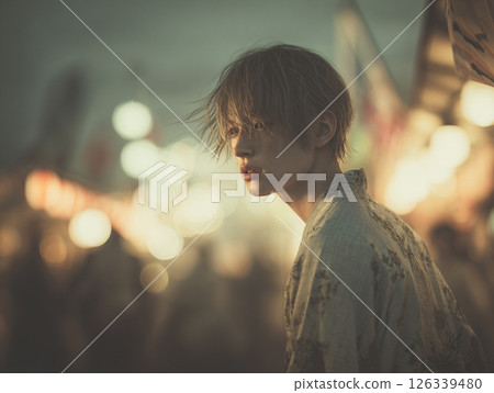 和女友一起參加夏日祭典的男子 126339480