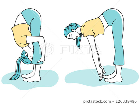 A woman doing standing yoga forward bend poses (set of two types: deep forward bend and shallow forward bend) A woman doing standing yoga forward bend poses (set of two types: deep forward bend and shallow forward bend) 126339486