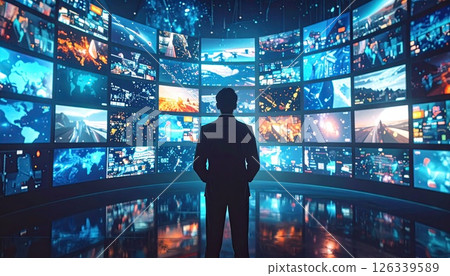 [AI image] A person watching images displayed on many monitors 126339589