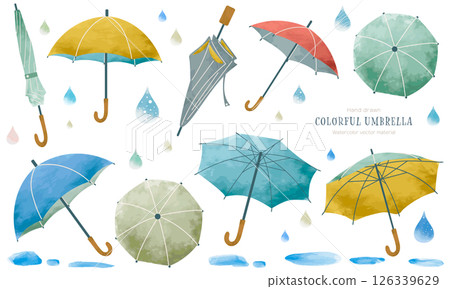 Illustration set of colorful umbrellas painted in watercolor 126339629