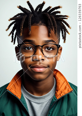 Stylish Young Boy With Glasses and Unique Hairstyle Poses for a Portrait in a Studio Setting 126339763