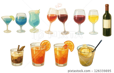 水彩雞尾酒和葡萄酒插圖集 |推薦用於祝酒、飲酒和聚會材料 126339895