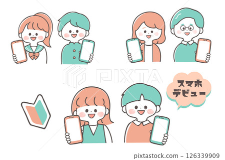兒童、國中生和老年人的插圖集展示智慧型手機螢幕、初學者、2 種顏色 126339909