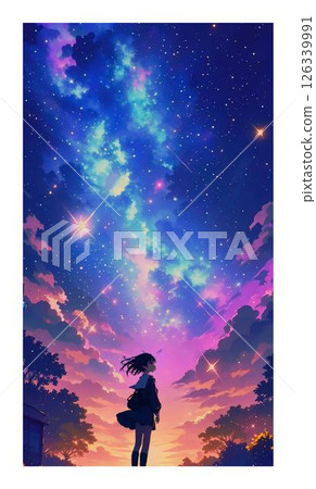 Illustration of a girl looking up at a beautiful starry sky 126339991