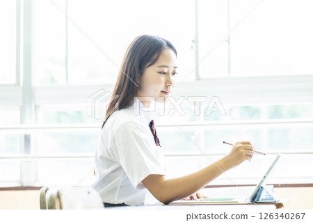 Classroom, Girls, High School, Junior High School, ICT, Tablet Classroom, Girls, High School, Junior High School, ICT, Tablet 126340267