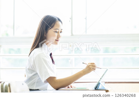 Classroom, Girls, High School, Junior High School, ICT, Tablet Classroom, Girls, High School, Junior High School, ICT, Tablet 126340268