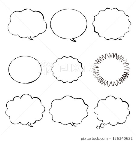 A set of hand-drawn white speech bubbles, monochrome material with cute rough lines 126340621