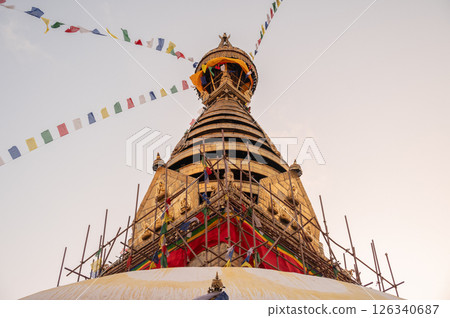 Swayambhunath stupa during restore. Swayambhunath is one of the most sacred religious sites in Kathmandu It was built by King Manadeva and by the 13th century. Swayambhunath stupa during restore. Swayambhunath is one of the most sacred religious sites in Kathmandu It was built by King Manadeva and by the 13th century. 126340687