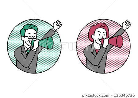 Set of middle-aged men and women in suits jumping out of a circle and cheering with a megaphone Set of middle-aged men and women in suits jumping out of a circle and cheering with a megaphone 126340720