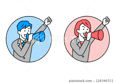 一群穿著西裝的男女跳出圈子,用擴音器歡呼 一群穿著西裝的男女跳出圈子,用擴音器歡呼 126340721