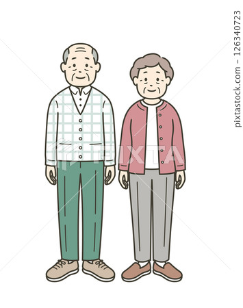 A full-body illustration of a late-elderly couple standing side by side 126340723