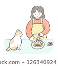 一個女孩做煎餅，一隻貓守護著她 126340924