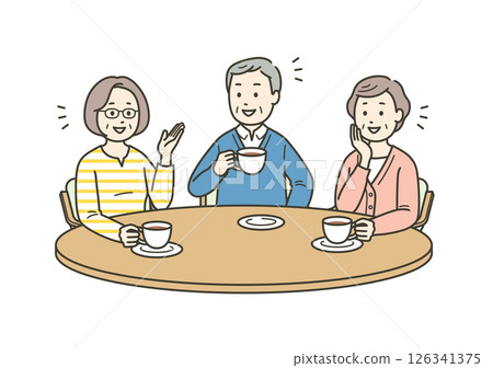 一位老人和一位老年婦女一邊喝茶一邊愉快地交談的插圖 一位老人和一位老年婦女一邊喝茶一邊愉快地交談的插圖 126341375