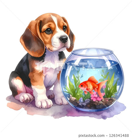 紅色金魚和小獵犬小狗的插圖/傳單和海報的材料 126341488