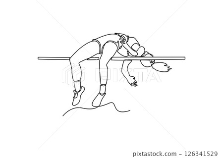 Continuous one line drawing female athlete in action high jump over bar in track field. Dynamic approach to clearing impressive height. Agile and explosive. Single line draw design vector illustration Continuous one line drawing female athlete in action high jump over bar in track field. Dynamic approach to clearing impressive height. Agile and explosive. Single line draw design vector illustration 126341529