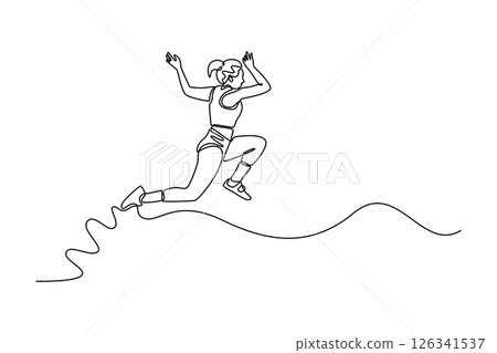 Single continuous line drawing female athlete in sports uniform jumping on sandpit at athletics tournament. Sportswoman training on outdoors stadium. One line draw graphic design vector illustration 126341537