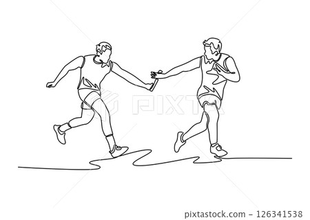 Single continuous line drawing man team running with baton in relay on outdoors stadium track together. Collaboration and athlete group in running competition. One line draw design vector illustration Single continuous line drawing man team running with baton in relay on outdoors stadium track together. Collaboration and athlete group in running competition. One line draw design vector illustration 126341538