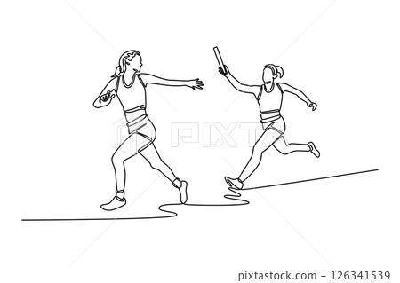 Single continuous line drawing attractive woman team running with baton in relay on stadium track together. Group of athletes holding bar in competitive race. One line draw design vector illustration 126341539