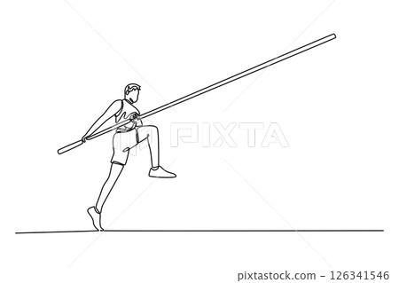 Single one line drawing professional male pole vaulter ready to overcome difficulties, training for tournament. Practicing at outdoors stadium. Continuous line draw design graphic vector illustration 126341546