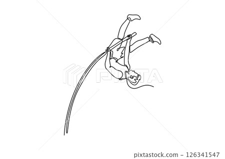 Single one line drawing young male pole vaulter jumping over bar during practice session at the track on outdoor stadium for competition. Modern continuous line draw design graphic vector illustration 126341547