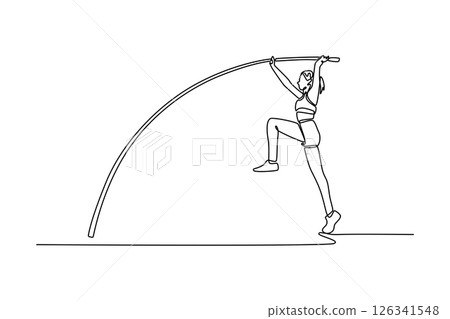Single one line drawing female athlete on world championship ready to successfully jumping with pole over the bar. Sport achievement experience. Continuous line draw design graphic vector illustration 126341548
