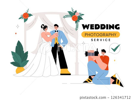 Wedding Photography Service Vector Illustration featuring a Bride and Groom Posing for a Photo Taken by a Photographer to the Important Moments Wedding Photography Service Vector Illustration featuring a Bride and Groom Posing for a Photo Taken by a Photographer to the Important Moments 126341712
