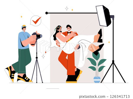 Wedding Photography Service Vector Illustration featuring a Bride and Groom Posing for a Photo Taken by a Photographer to the Important Moments Wedding Photography Service Vector Illustration featuring a Bride and Groom Posing for a Photo Taken by a Photographer to the Important Moments 126341713
