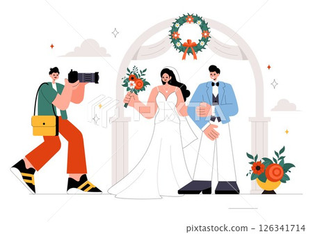 Wedding Photography Service Vector Illustration featuring a Bride and Groom Posing for a Photo Taken by a Photographer to the Important Moments 126341714