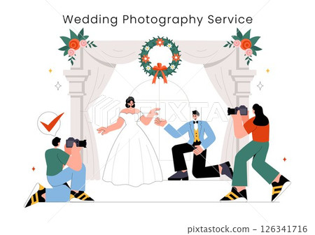 Wedding Photography Service Vector Illustration featuring a Bride and Groom Posing for a Photo Taken by a Photographer to the Important Moments Wedding Photography Service Vector Illustration featuring a Bride and Groom Posing for a Photo Taken by a Photographer to the Important Moments 126341716