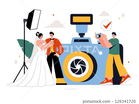 Wedding Photography Service Vector Illustration featuring a Bride and Groom Posing for a Photo Taken by a Photographer to the Important Moments Wedding Photography Service Vector Illustration featuring a Bride and Groom Posing for a Photo Taken by a Photographer to the Important Moments 126341720