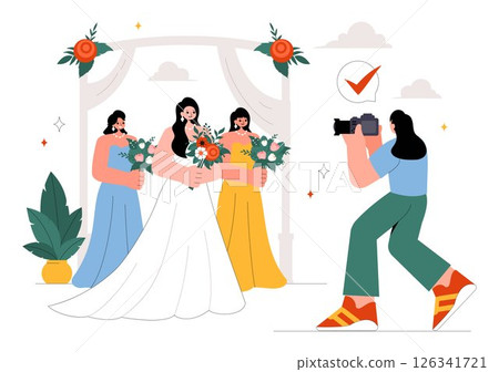 Wedding Photography Service Vector Illustration featuring a Bride and Groom Posing for a Photo Taken by a Photographer to the Important Moments Wedding Photography Service Vector Illustration featuring a Bride and Groom Posing for a Photo Taken by a Photographer to the Important Moments 126341721