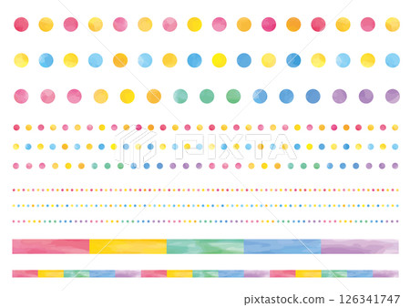 A set of watercolor-style colorful dots and stripes of various thicknesses 126341747