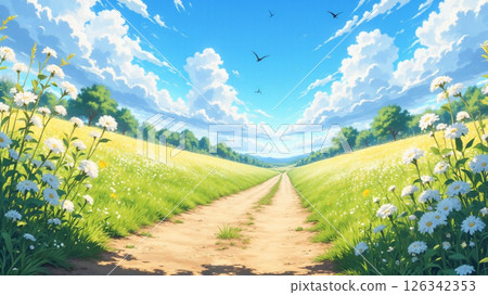 一條開滿鮮花、飛翔著小鳥的鄉間小路 126342353