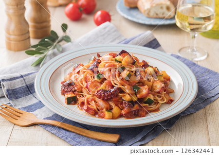 Octopus and summer vegetable tomato pasta Octopus and summer vegetable tomato pasta 126342441