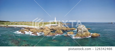 Aerial view of Shiriyazaki Lighthouse, the northernmost point of Honshu, Aomori Prefecture, Shimokita Peninsula Aerial view of Shiriyazaki Lighthouse, the northernmost point of Honshu, Aomori Prefecture, Shimokita Peninsula 126342466