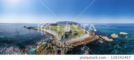 Aerial view of Shiriyazaki Lighthouse, the northernmost point of Honshu, Aomori Prefecture, Shimokita Peninsula Aerial view of Shiriyazaki Lighthouse, the northernmost point of Honshu, Aomori Prefecture, Shimokita Peninsula 126342467