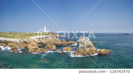 Aerial view of Shiriyazaki Lighthouse, the northernmost point of Honshu, Aomori Prefecture, Shimokita Peninsula 126342470